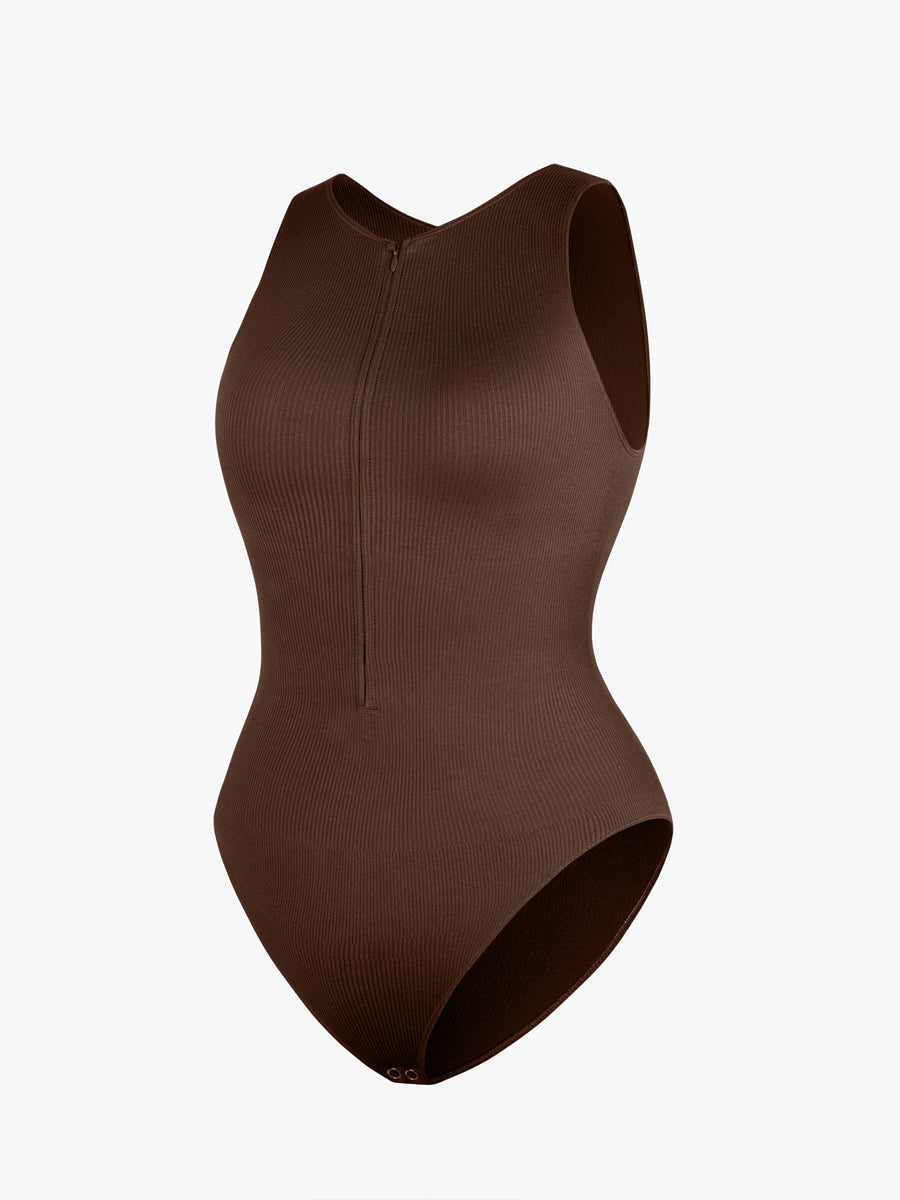 Ribbed Zip Front Sculpt Bodysuit