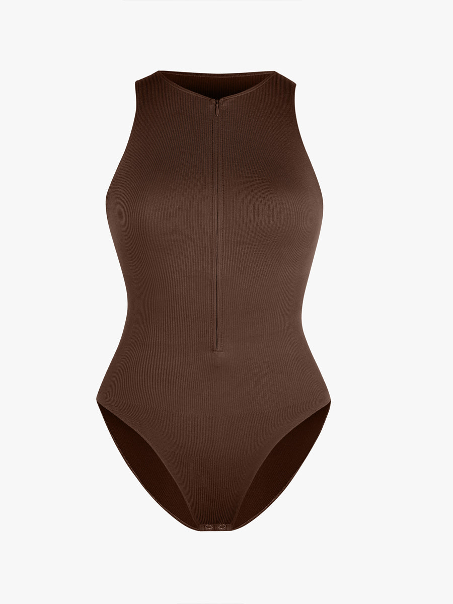 Ribbed Zip Front Sculpt Bodysuit