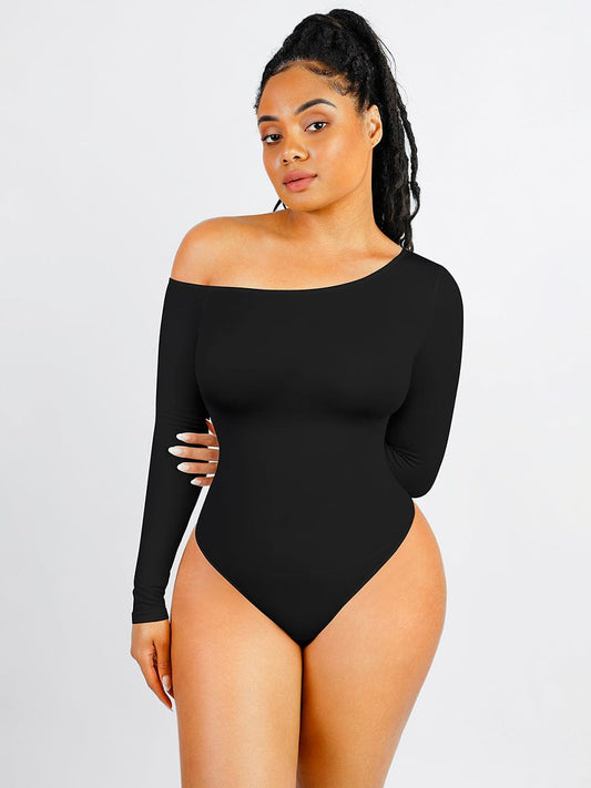 Diagonal Neck Sculpt Long Sleeve Bodysuit