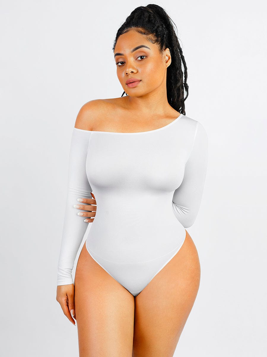 Diagonal Neck Sculpt Long Sleeve Bodysuit