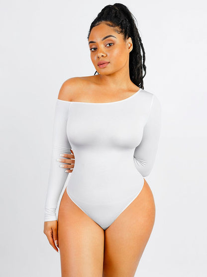 Diagonal Neck Sculpt Long Sleeve Bodysuit